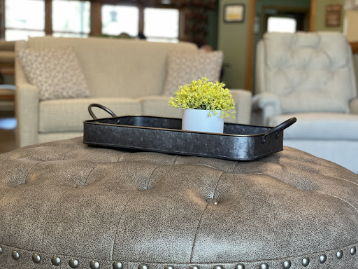 A stylish living room centerpiece featuring a decorative tray with a potted plant on a leather ottoman.