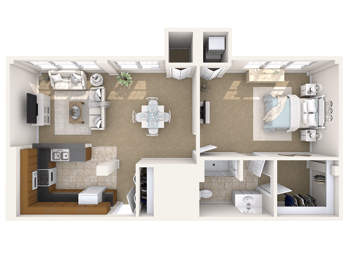 A detailed floor plan of a two-bedroom apartment featuring an open living and dining area, kitchen, bathroom, and two separate bedrooms.