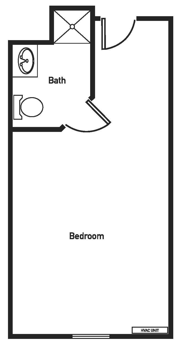 A minimalist floor plan showing a bedroom with an attached bathroom.