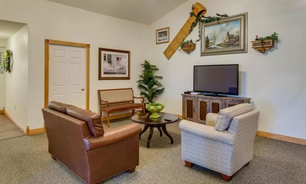 A cozy living room with comfortable seating, a television, and decorative elements.