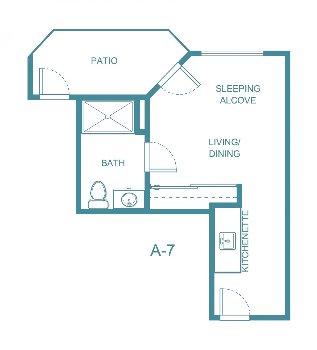 Studio apartment floor plan with a sleeping alcove and patio.