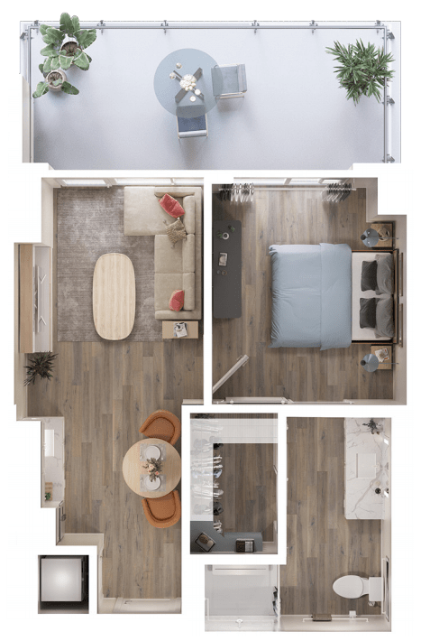 A modern one-bedroom apartment floor plan with spacious living and dining areas.