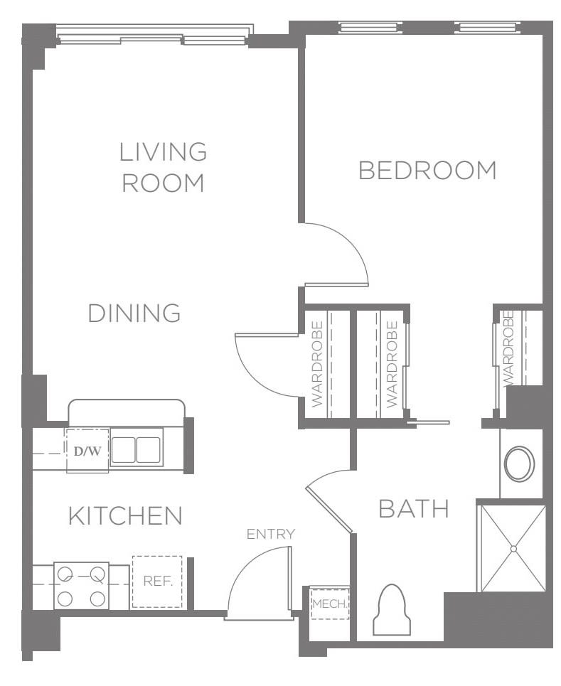 A one-bedroom apartment floor plan featuring a living room, kitchen, dining area, and bathroom.