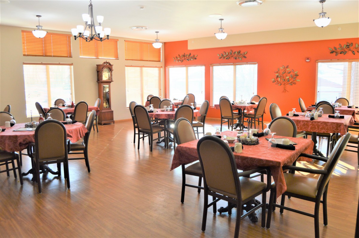 A spacious dining area with neatly arranged tables and chairs, featuring orange walls and a wooden floor.