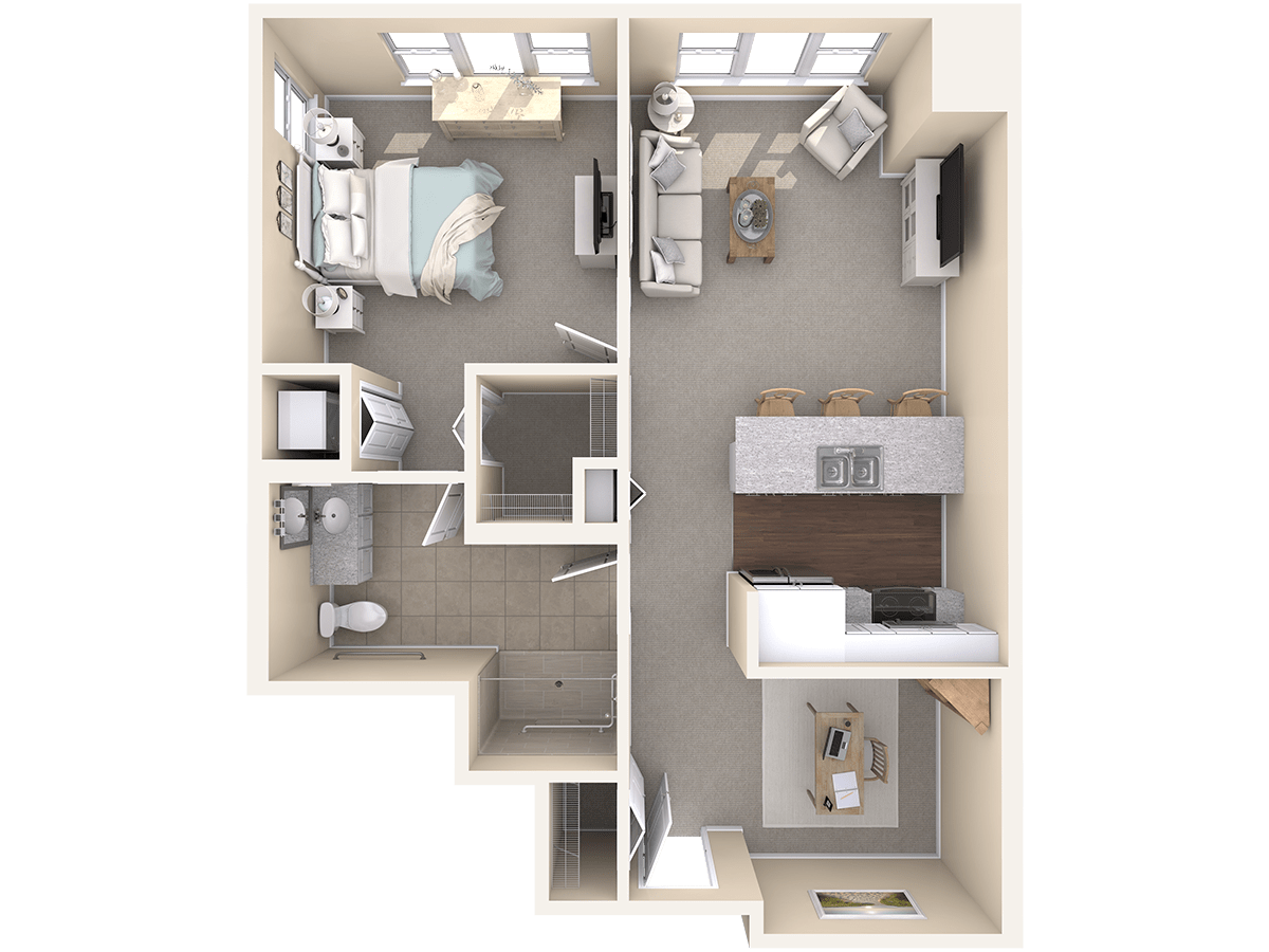 A 3D floor plan of a one-bedroom apartment featuring a living room, kitchen, and bathroom.