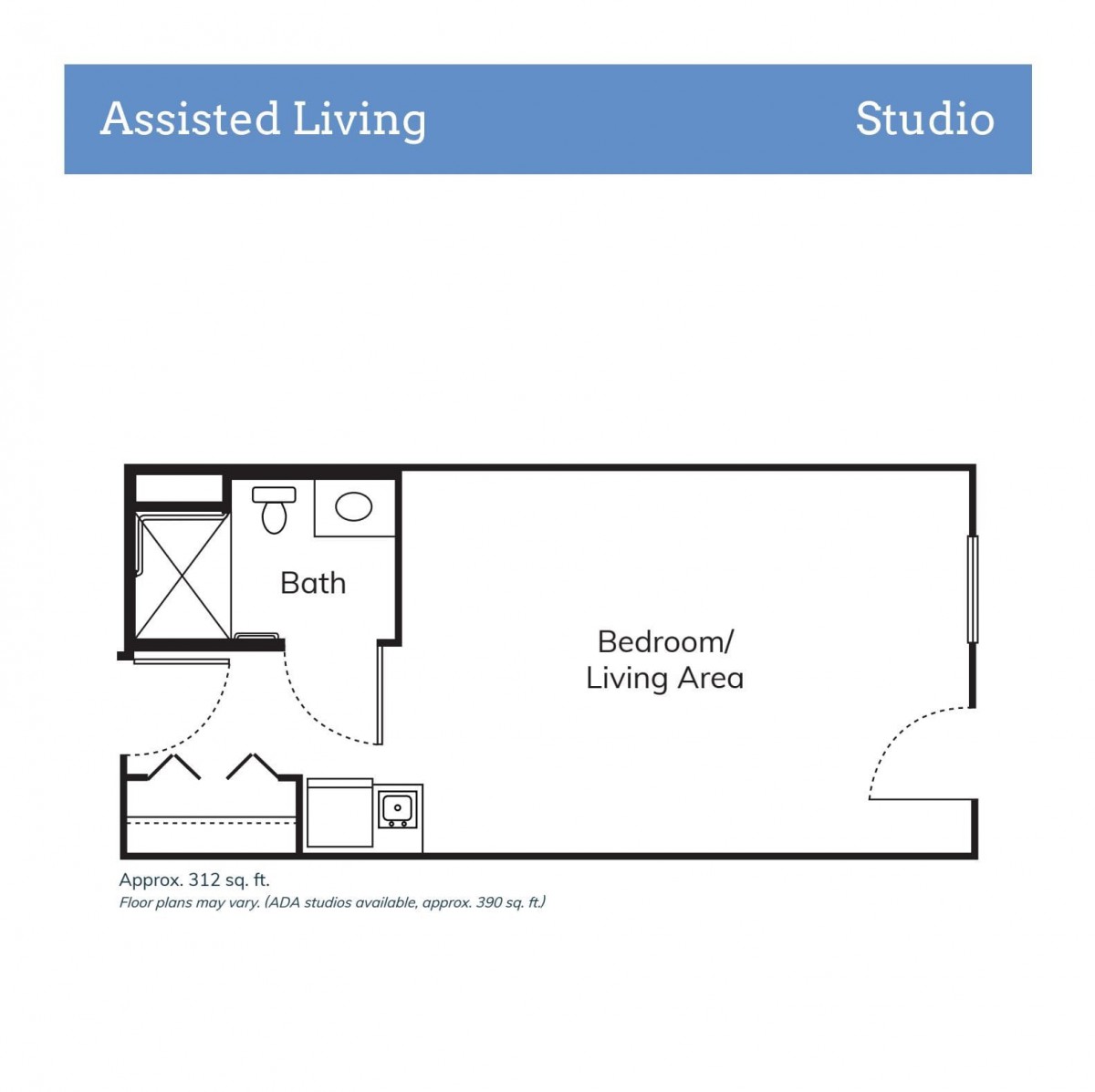 Floor plan of an assisted living studio apartment highlighting the layout of the space including a bathroom and living area.