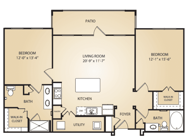 A floor plan of a two-bedroom apartment with a living room, kitchen, two bathrooms, and a patio.