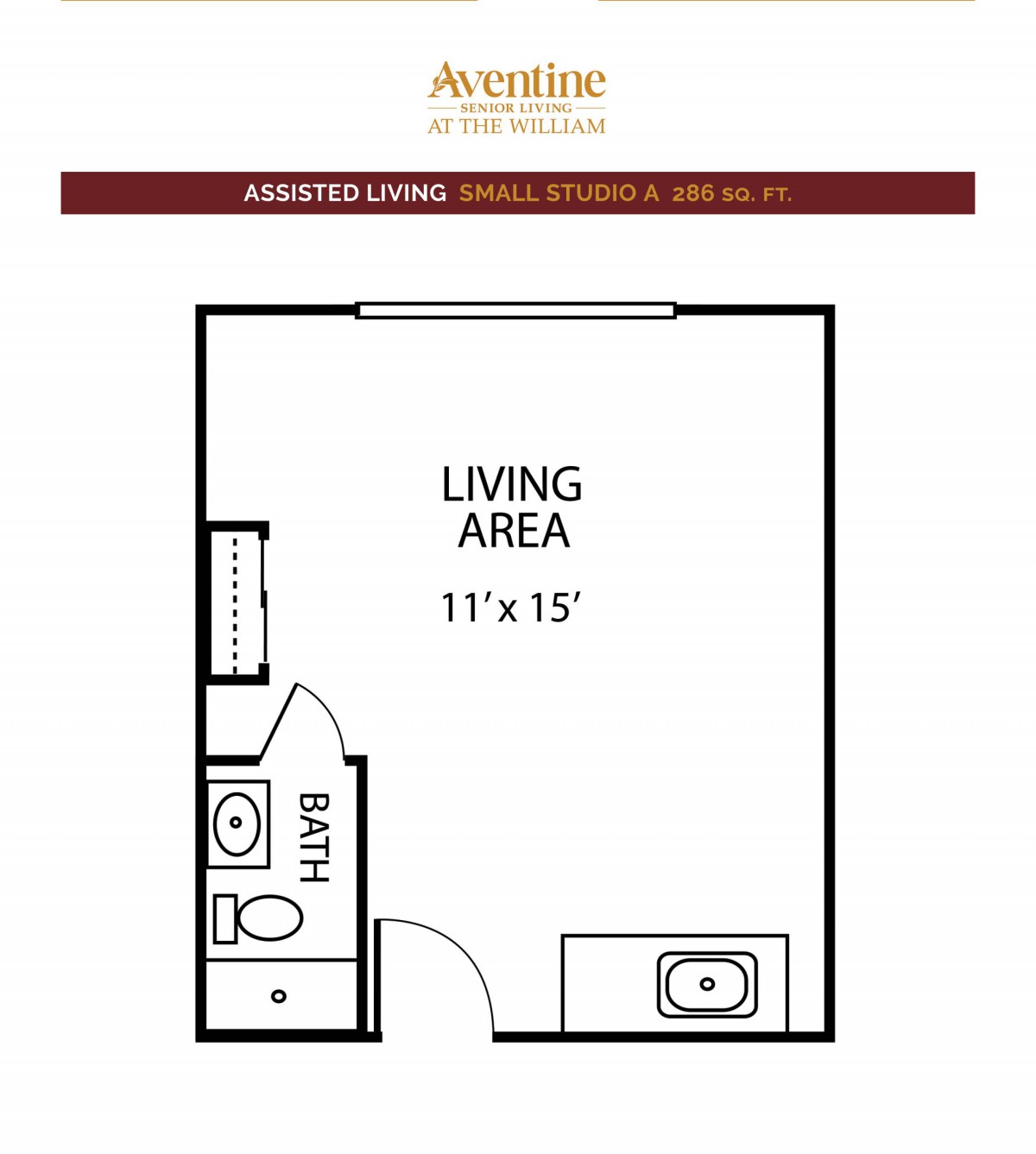 Floor plan of a studio apartment with an 11' x 15' living area and a bathroom.