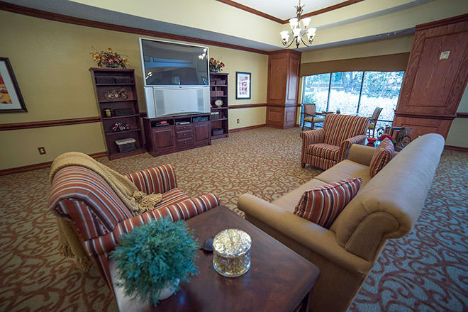 A cozy living room with sofas, a large television, and bookshelves.