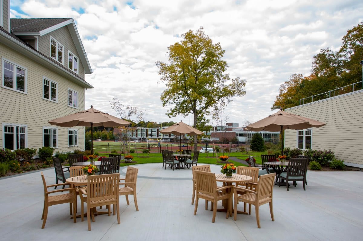 A charming outdoor patio with wooden tables and chairs, shaded by umbrellas, set amidst a garden with a large tree and buildings in the background under a cloudy sky.