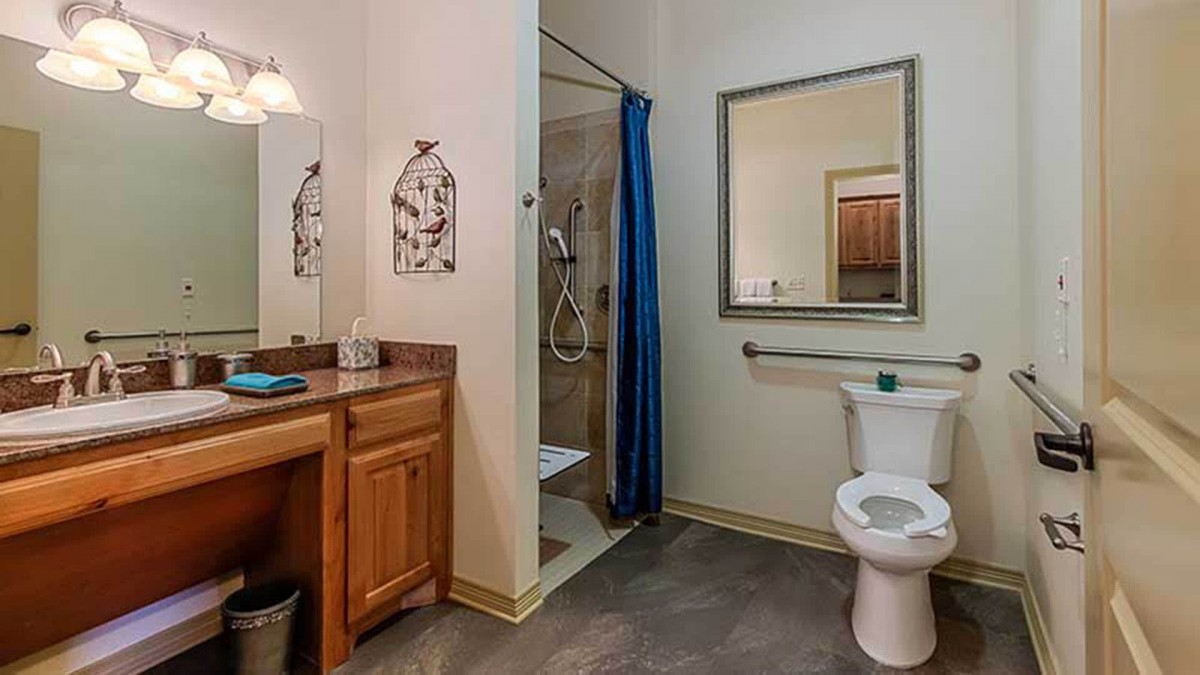 A modern bathroom featuring a shower with a blue curtain, toilet, vanity, and mirror.