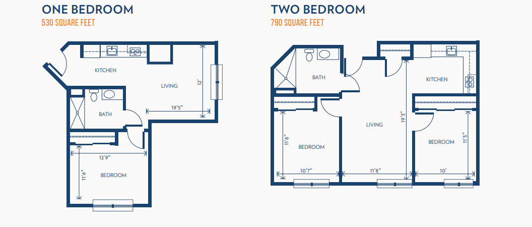 A floor plan layout of a two-bedroom apartment with room dimensions.