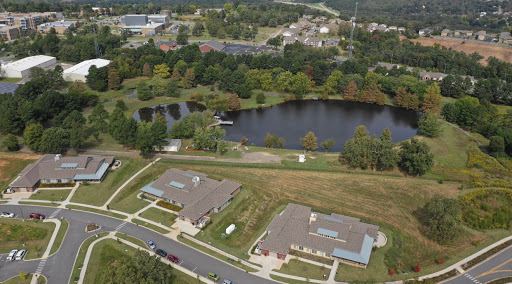 A serene aerial view of a suburban residential area near a pond, surrounded by lush greenery.