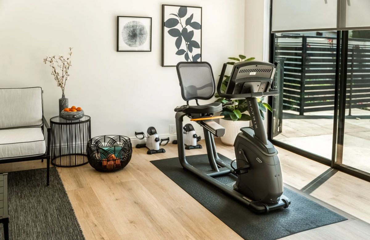 A modern home gym setup featuring a fitness bike and stylish decor.