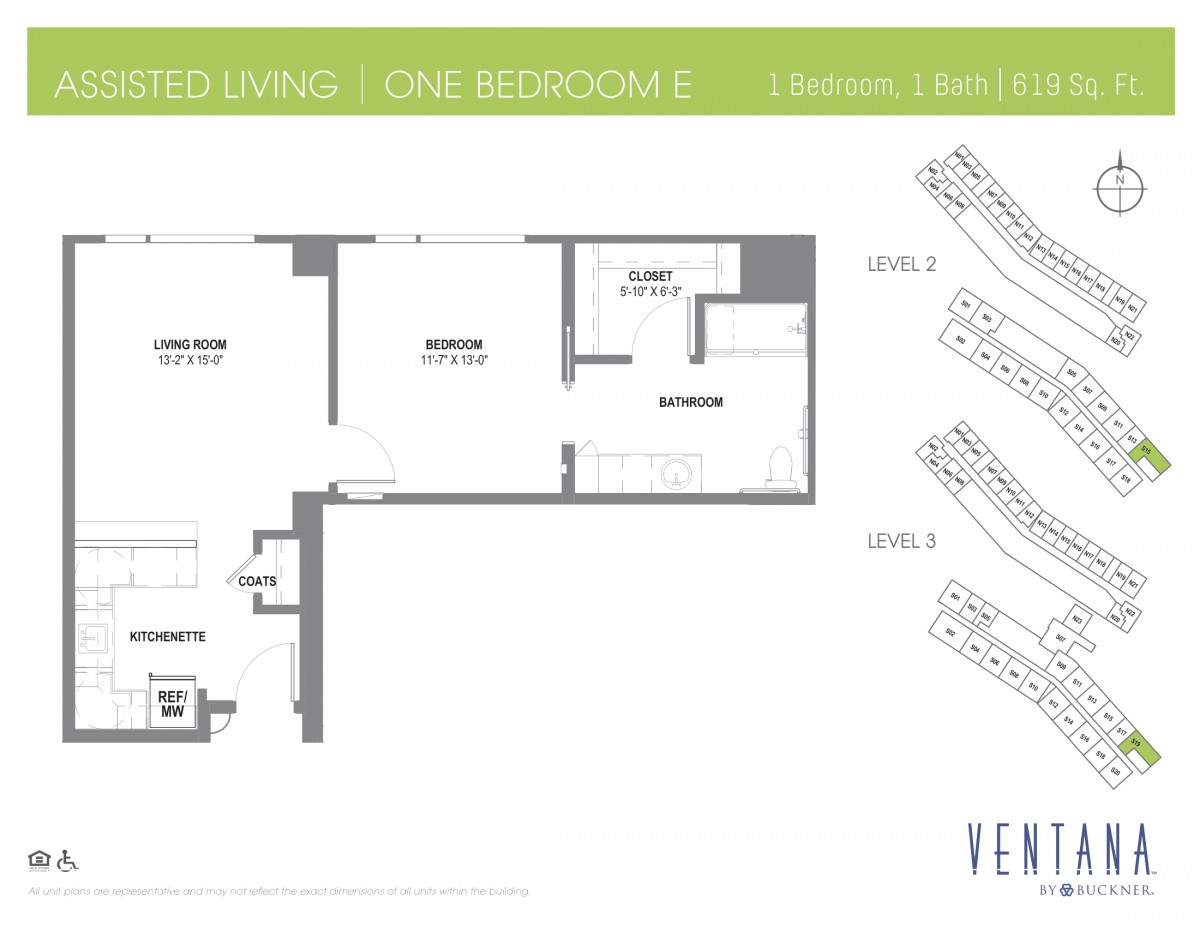 One-bedroom assisted living floor plan layout.