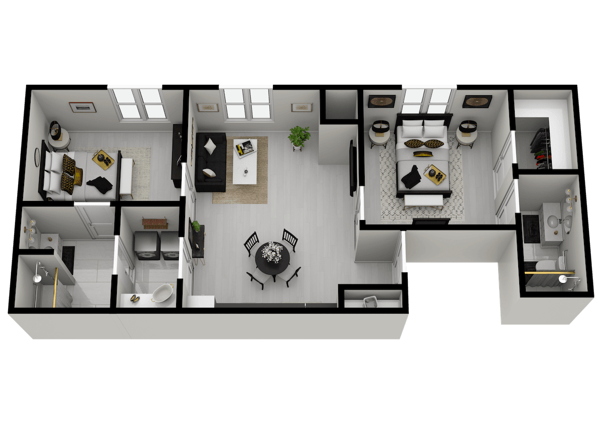 A 3D rendered floor plan of a modern apartment featuring a living room, dining area, kitchen, and bedroom.