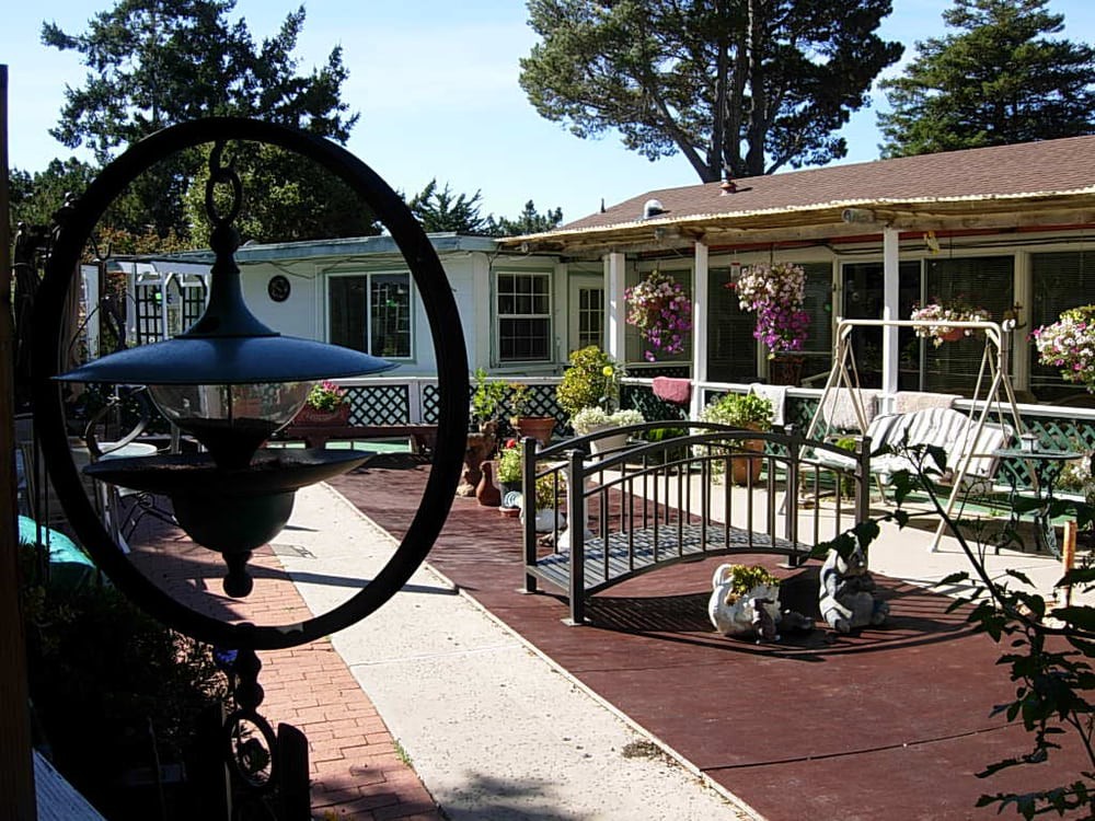 A charming house with a patio and garden, featuring a small decorative bridge and various plants.