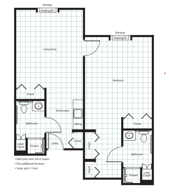 Blueprint layout of a two-bedroom apartment with bathrooms and closets.