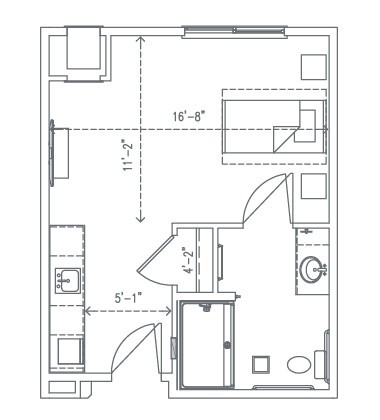 A floor plan illustrating the layout of a small apartment with one bedroom.