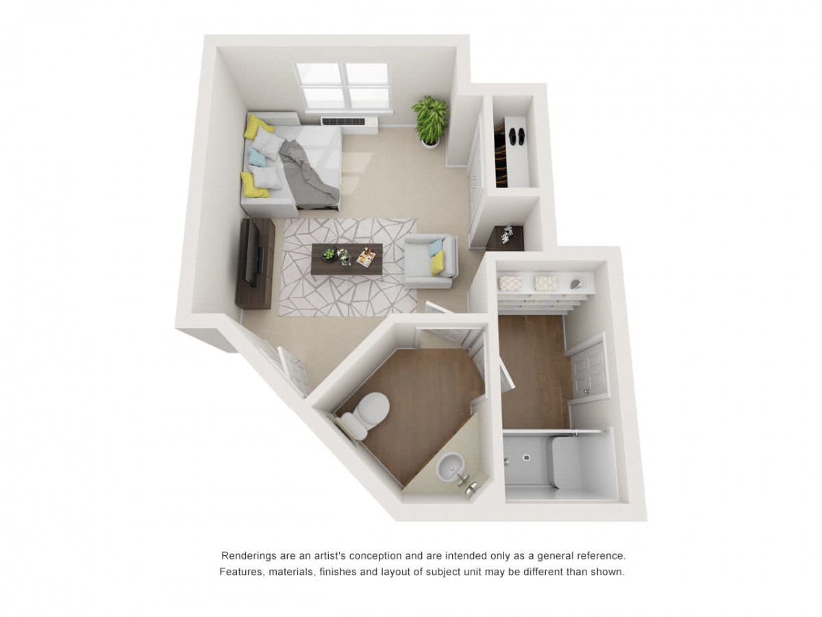 A 3D rendering of a compact one-bedroom apartment layout featuring a living room, bedroom, kitchen area, and bathroom.
