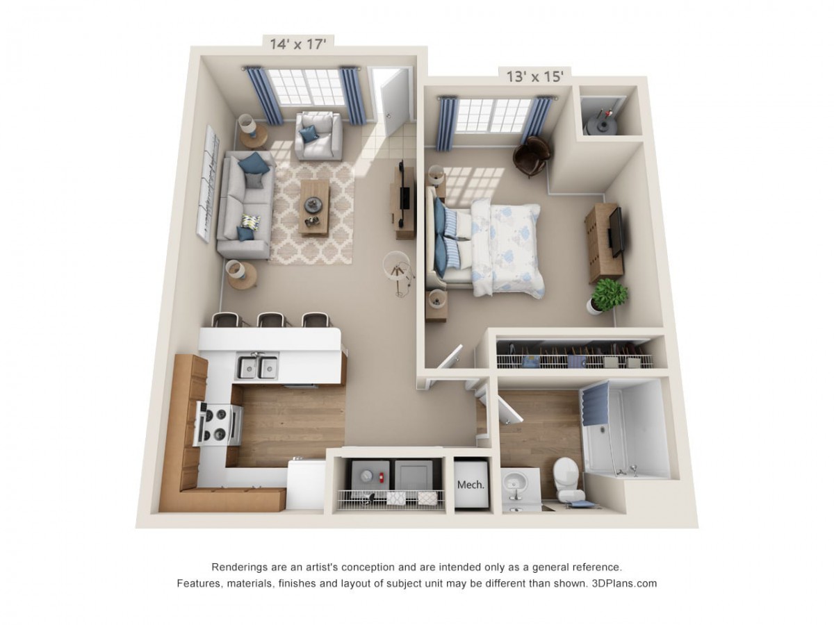 3D floor plan of a one-bedroom apartment featuring a living room, kitchen, bathroom, and bedroom.