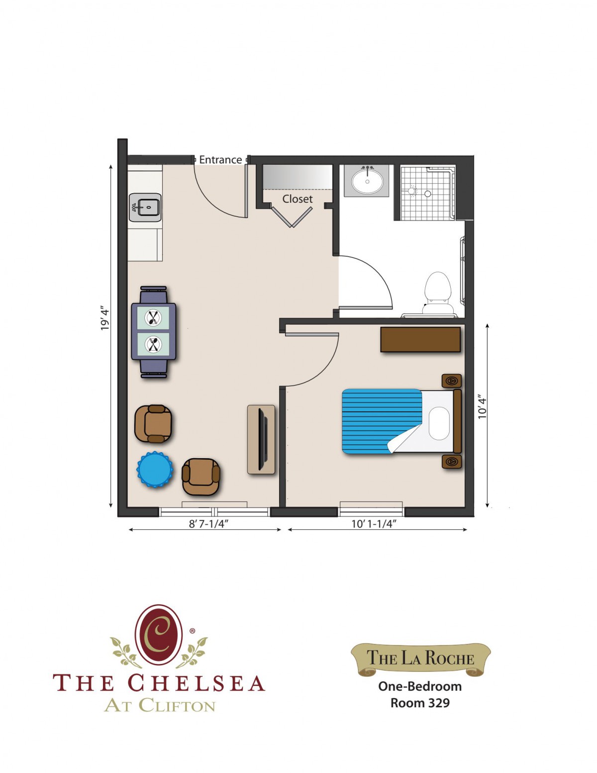 A floor plan of a one-bedroom apartment with designated areas for the living room, kitchen, and bathroom.