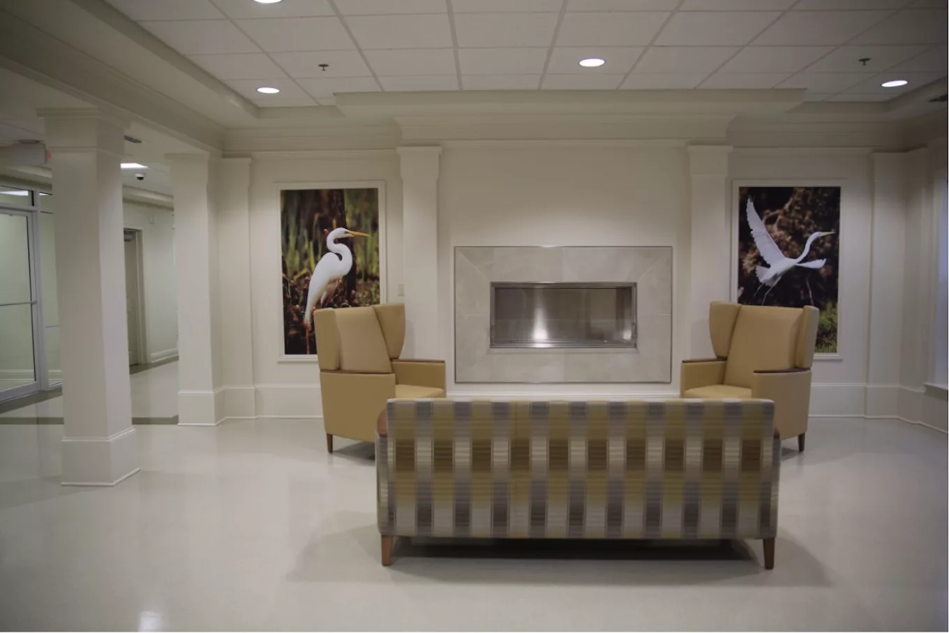 A modern lobby with armchairs, a sofa, and a fireplace, decorated with bird-themed artwork.