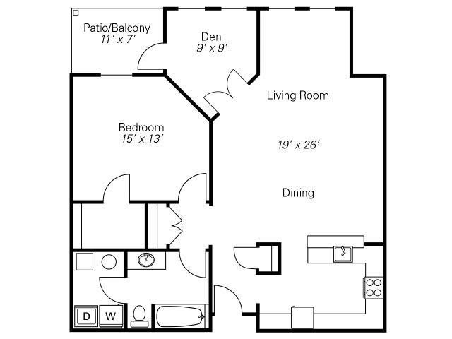 A floor plan of an apartment featuring a bedroom, living room, dining area, den, bathroom, patio/balcony, and kitchen.