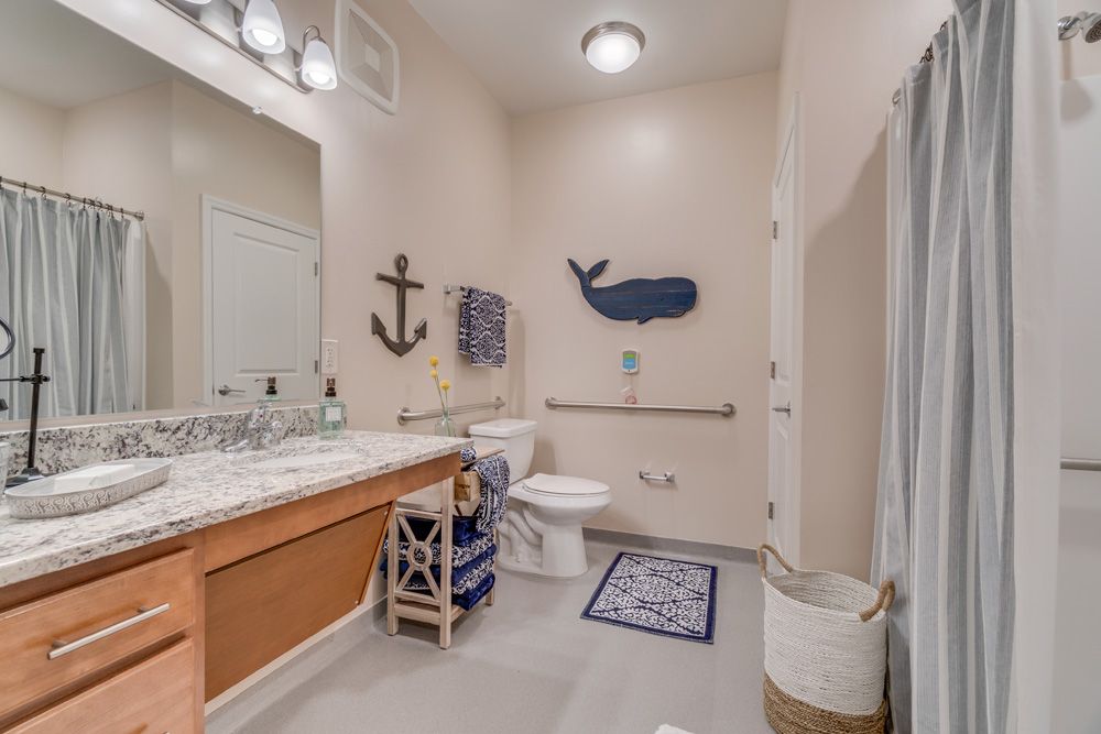 A nautical-themed bathroom features anchor and whale wall decorations, a marble countertop, and towel accents.