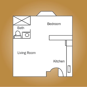 A simple one-bedroom apartment floor plan with a bathroom, living room, and kitchen.