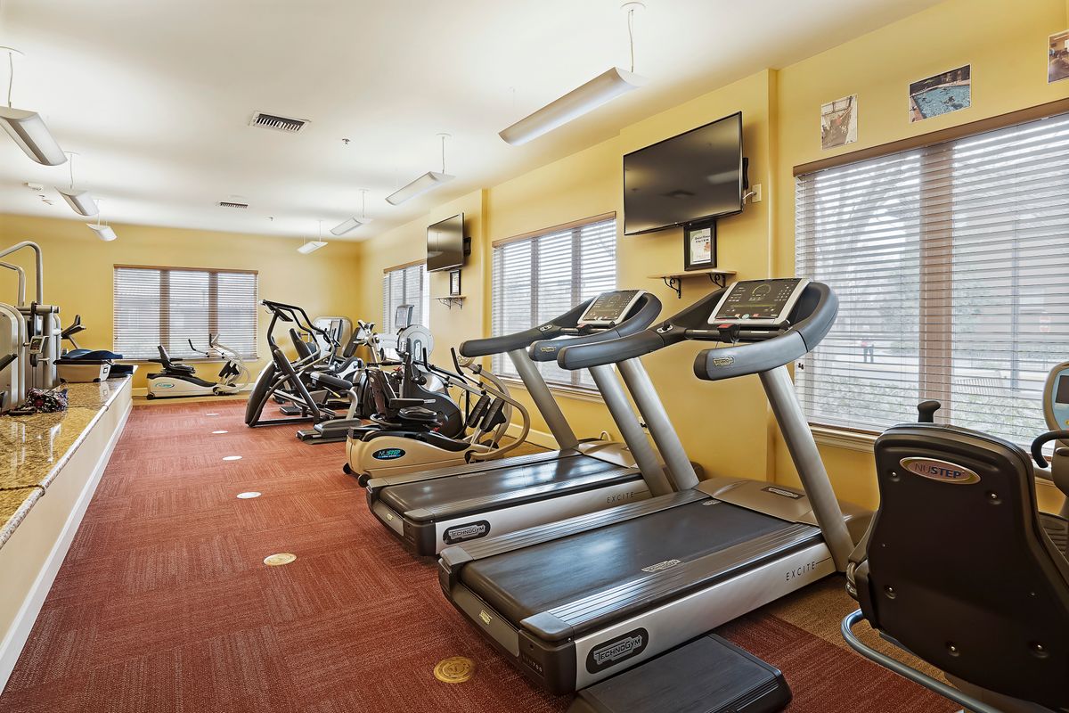 A well-equipped gym with treadmills and exercise machines.