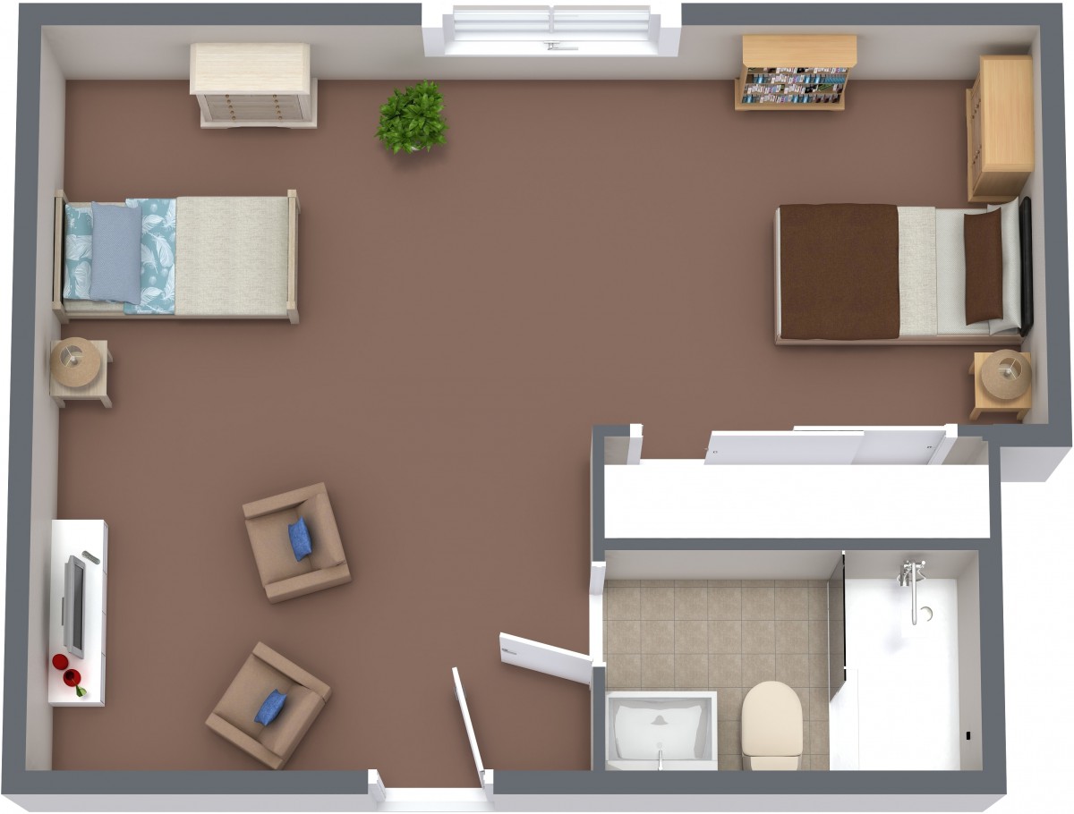 A floor plan of a bedroom with two beds, seating area, and an attached bathroom.