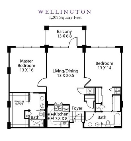 Floor plan of a two-bedroom apartment with a labeled layout and balcony.