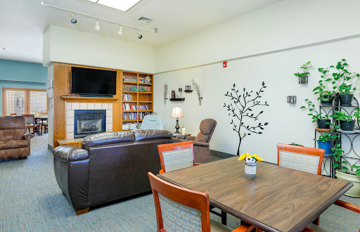 A cozy living space featuring a fireplace, bookshelves, and comfortable seating.