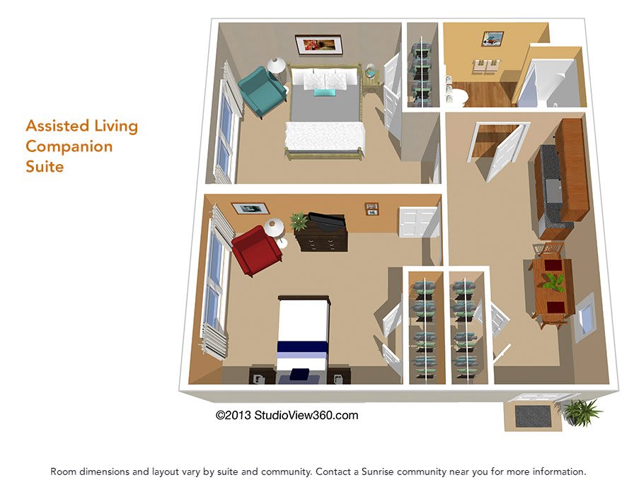 3D floor plan of a two-bedroom apartment with an open living space.