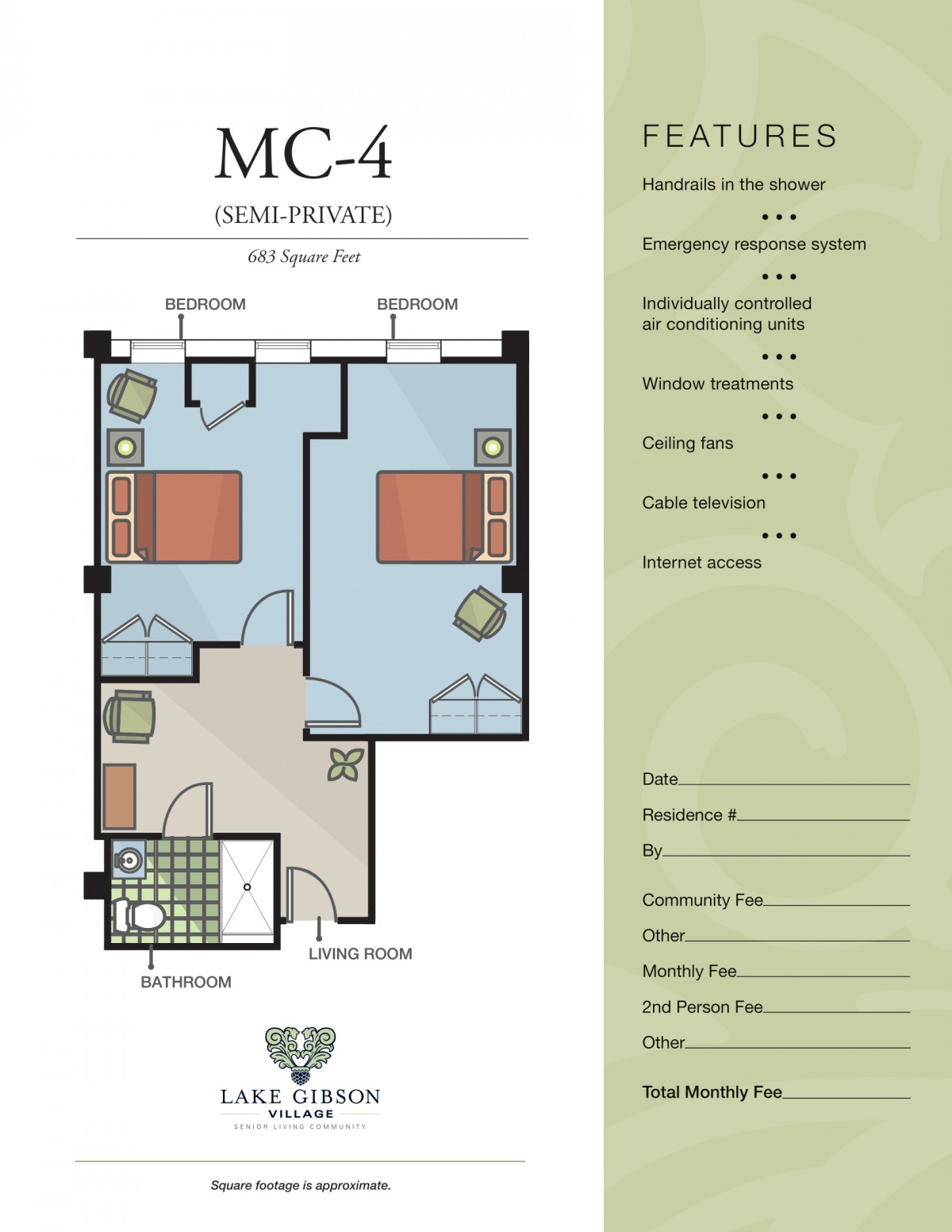 An apartment floor plan with two bedrooms, a living area, and a kitchen.
