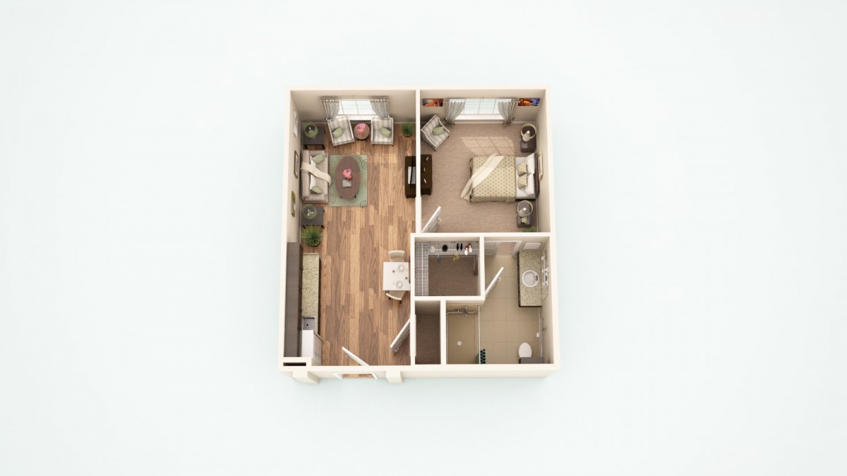 A 3D floor plan of a compact apartment featuring a living room, bedroom, kitchen, and bathroom.