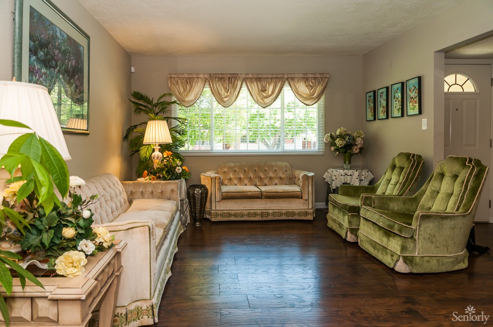 A cozy vintage-style living room with classic sofas, chairs, a window, and decorative elements.