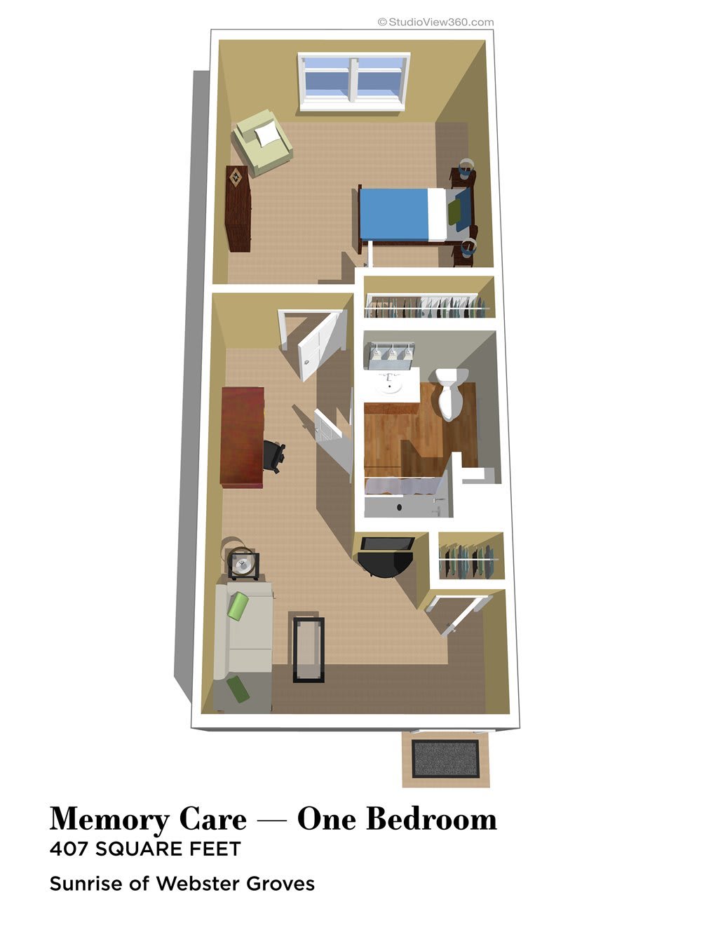 3D floor plan of a one-bedroom memory care apartment.