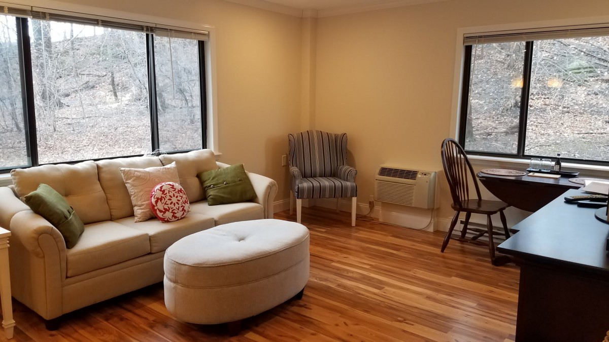 A cozy living room with wooden flooring, featuring a sofa, ottoman, chair, and small table near two windows.