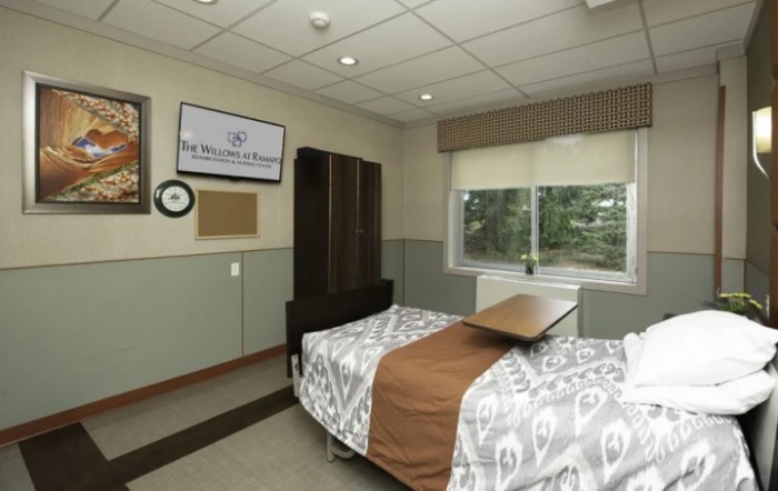A well-equipped hospital room featuring a single bed with an overbed table and a wall-mounted television.