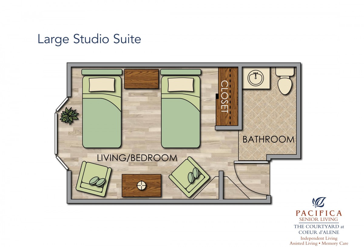 Floor plan of a college studio suite with labeled living/bedroom, closet, and bathroom.