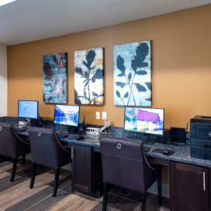 A modern computer lab with several workstations equipped with desktop computers and chairs.