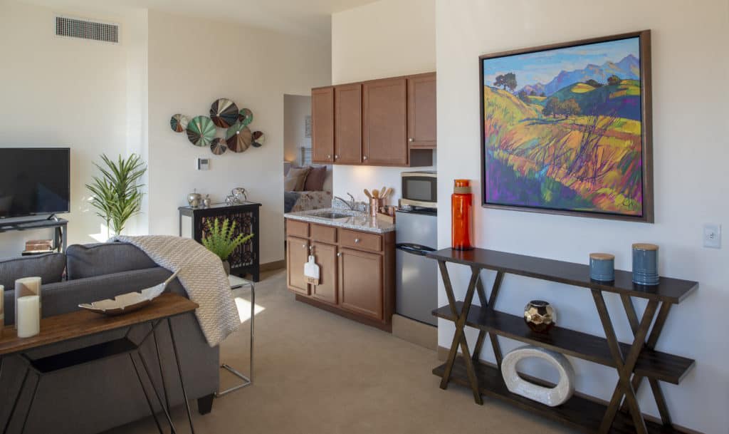 A modern living room with a kitchenette, featuring stylish decor and artwork.