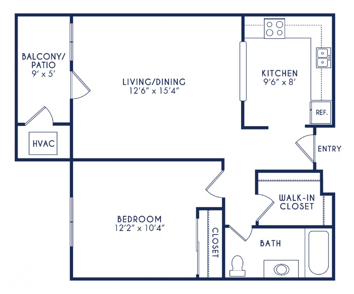 One-bedroom apartment floor plan with living/dining room, kitchen, bathroom, and patio.