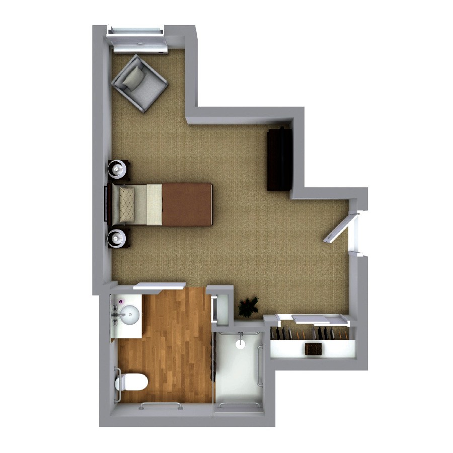 A studio apartment floor plan with a compact and efficient layout.
