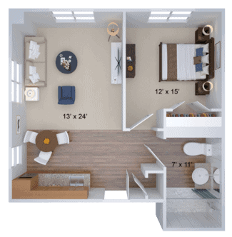 A digital floor plan showing a one-bedroom apartment with labeled room dimensions.