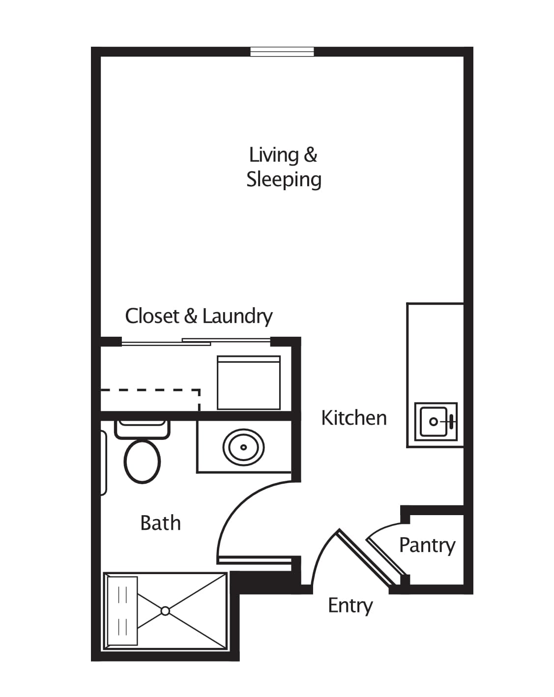 Studio apartment floor plan featuring living and sleeping area, kitchen, bath, and laundry closet.