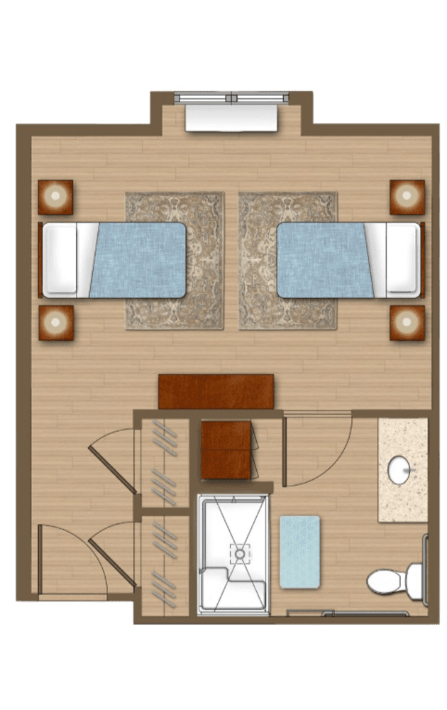 A floor plan depicting a bedroom layout with two single beds, nightstands, and a bathroom.