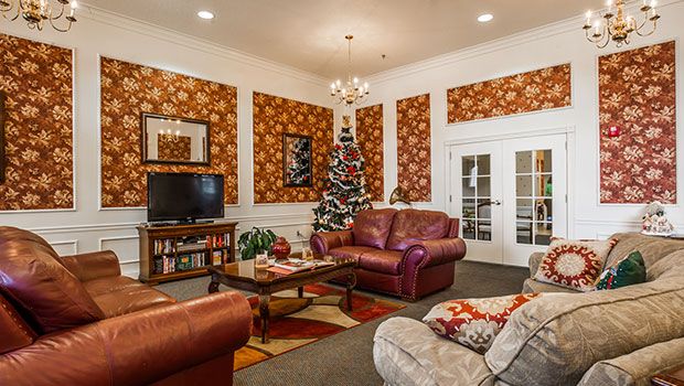 A cozy living room decorated with a Christmas tree and vintage wallpaper, featuring comfortable couches and a television.